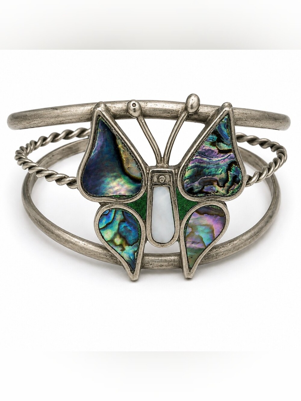 Vintage Mexico Alpaca Silver Butterfly Cuff Bracelet with Genuine Abalone Inlay
